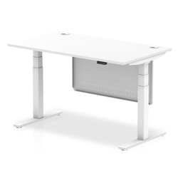 Air 1400 x 800mm Height Adjustable Desk White Top Cable Ports White Leg With White Steel Modesty Panel
