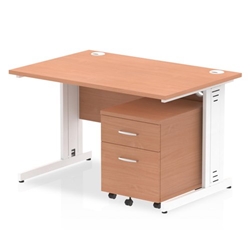 Impulse 1200 x 800mm Straight Desk Beech Top White Cable Managed Leg with 2 Drawer Mobile Pedestal Bundle