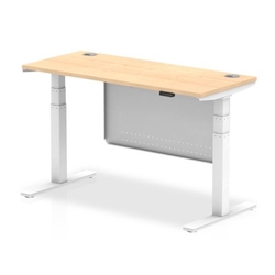 Air 1400 x 600mm Height Adjustable Desk Maple Top Cable Ports White Leg With White Steel Modesty Panel