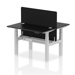 Air Back-to-Back 1200 x 600mm Height Adjustable 2 Person Office Bench Desk Black Top with Cable Ports Silver Frame with Black Straight Screen