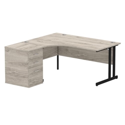 Impulse 1600mm Left Crescent Office Desk Grey Oak Top Black Cantilever Leg Workstation 600 Deep Desk High Pedestal