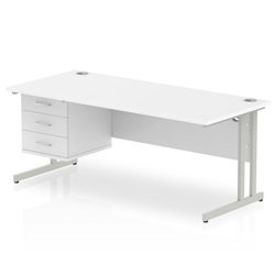 Impulse 1800 Rectangle Silver Cant Leg Desk WHITE 1 x 3 Drawer Fixed Ped