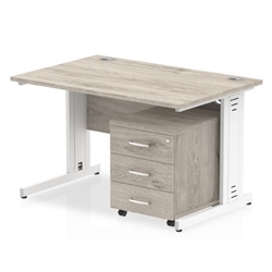 Impulse 1200 x 800mm Straight Desk Grey Oak Top White Cable Managed Leg with 3 Drawer Mobile Pedestal Bundle