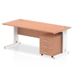 Impulse 1800 x 800mm Straight Desk Beech Top White Cable Managed Leg with 3 Drawer Mobile Pedestal