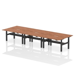 Air Back-to-Back 1600 x 800mm Height Adjustable 6 Person Bench Desk Walnut Top with Scalloped Edge Black Frame