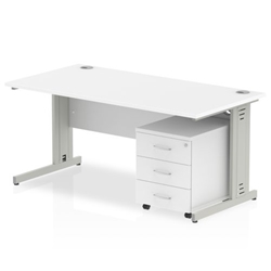 Impulse 1800 x 800mm Straight Desk White Top Silver Cable Managed Leg with 3 Drawer Mobile Pedestal