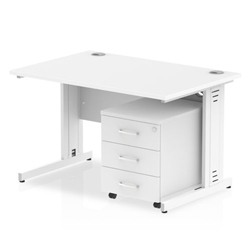 Impulse 1200 x 800mm Straight Desk White Top White Cable Managed Leg with 3 Drawer Mobile Pedestal Bundle