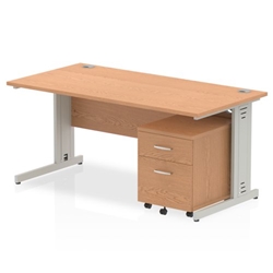 Impulse 1600 x 800mm Straight Desk Oak Top Silver Cable Managed Leg with 2 Drawer Mobile Pedestal