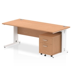 Impulse 1800 x 800mm Straight Desk Oak Top White Cable Managed Leg with 2 Drawer Mobile Pedestal