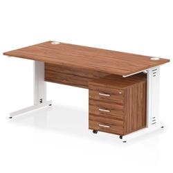 Impulse 1600 x 800mm Straight Desk Walnut Top White Cable Managed Leg with 3 Drawer Mobile Pedestal