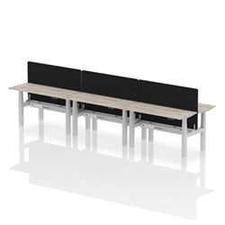 Air Back-to-Back 1400 x 600mm Height Adjustable 6 Person Bench Desk Grey Oak Top CP Silver Frame with Black Straight Screen