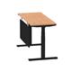 Air 1400 x 600mm Height Adjustable Desk Oak Top Cable Ports Black Leg With Black Steel Modesty Panel