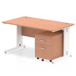 Impulse 1400 x 800mm Straight Desk Beech Top White Cable Managed Leg with 2 Drawer Mobile Pedestal Bundle