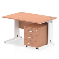 Impulse 1200 x 800mm Straight Desk Beech Top White Cable Managed Leg with 3 Drawer Mobile Pedestal Bundle