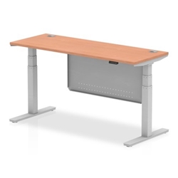 Air 1600 x 600mm Height Adjustable Desk Beech Top Cable Ports Silver Leg With Silver Steel Modesty Panel