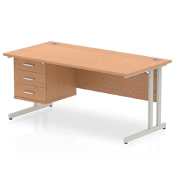 Impulse 1600 Rectangle Silver Cant Leg Desk OAK 1 x 3 Drawer Fixed Ped