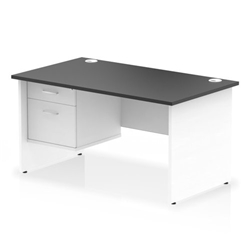 Impulse 1400 x 800mm Straight Office Desk Black Top White Panel End Leg with 1 x 2 Drawer Fixed Pedestal