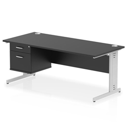 Impulse 1800 x 800mm Straight Office Desk Black Top Silver Cable Managed Leg Workstation 1 x 2 Drawer Fixed Pedestal