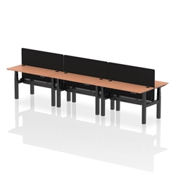 Air Back-to-Back 1400 x 600mm Height Adjustable 6 Person Bench Desk Beech Top CP Black Frame with Black Straight Screen