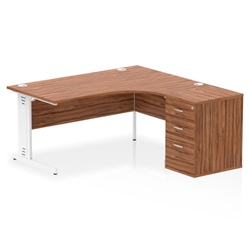 Impulse 1600mm Right Crescent Desk Walnut Top White Cable Managed Leg Workstation 600 Deep Desk High Pedestal Bundle
