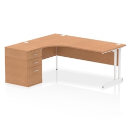 Impulse 1800mm Left Crescent Desk Oak Top White Cantilever Leg Workstation 600 Deep Desk High Pedestal Bundle