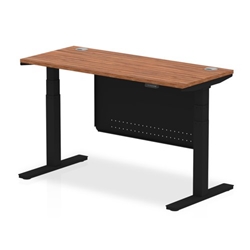 Air 1400 x 600mm Height Adjustable Desk Walnut Top Cable Ports Black Leg With Black Steel Modesty Panel