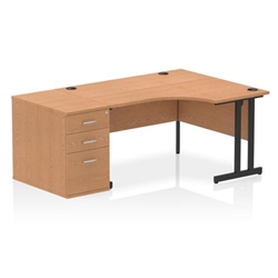 Impulse 1400mm Right Crescent Office Desk Oak Top Black Cantilever Leg Workstation 800 Deep Desk High Pedestal