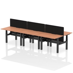 Air Back-to-Back 1200 x 800mm Height Adjustable 6 Person Bench Desk Beech Top with Scalloped Edge Black Frame with Black Straight Screen