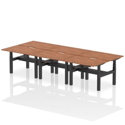 Air Back-to-Back 1200 x 800mm Height Adjustable 6 Person Bench Desk Walnut Top with Scalloped Edge Black Frame