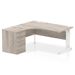 Impulse 1600mm Left Crescent Desk Grey Oak Top White Cable Managed Leg Workstation 600 Deep Desk High Pedestal Bundle