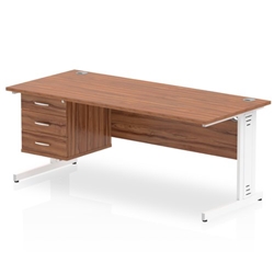 Impulse 1800 x 800mm Straight Desk Walnut Top White Cable Managed Leg 1 x 3 Drawer Fixed Pedestal