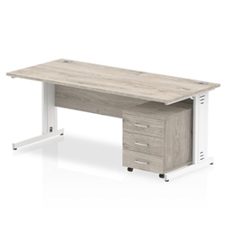 Impulse 1800 x 800mm Straight Desk Grey Oak Top White Cable Managed Leg with 3 Drawer Mobile Pedestal