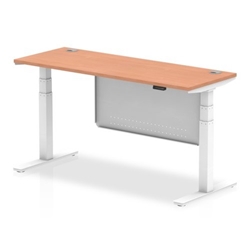 Air 1600 x 600mm Height Adjustable Desk Beech Top Cable Ports White Leg With White Steel Modesty Panel