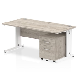 Impulse 1600 x 800mm Straight Desk Grey Oak Top White Cable Managed Leg with 2 Drawer Mobile Pedestal