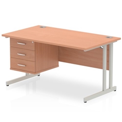 Impulse 1400 Rectangle Silver Cant Leg Desk Beech 1 x 3 Drawer Fixed Ped