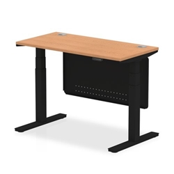 Air 1200 x 600mm Height Adjustable Desk Oak Top Cable Ports Black Leg With Black Steel Modesty Panel