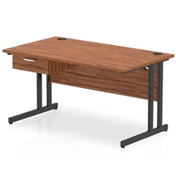 Impulse 1400 x 800mm Straight Office Desk Walnut Top Black Cantilever Leg Workstation 1 x 1 Drawer Fixed Pedestal