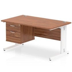 Impulse 1400 x 800mm Straight Desk Walnut Top White Cable Managed Leg with 1 x 2 Drawer Fixed Pedestal