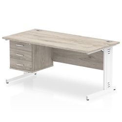 Impulse 1600 x 800mm Straight Desk Grey Oak Top White Cable Managed Leg 1 x 3 Drawer Fixed Pedestal