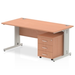Impulse 1800 x 800mm Straight Desk Beech Top Silver Cable Managed Leg with 3 Drawer Mobile Pedestal
