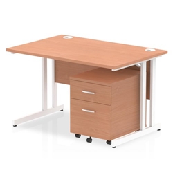 Impulse 1200 x 800mm Straight Desk Beech Top White Cantilever Leg with 2 Drawer Mobile Pedestal Bundle