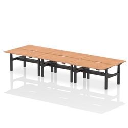 Air Back-to-Back 1600 x 800mm Height Adjustable 6 Person Bench Desk Oak Top with Scalloped Edge Black Frame