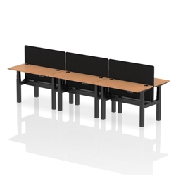 Air Back-to-Back 1200 x 600mm Height Adjustable 6 Person Bench Desk Oak Top CP Black Frame with Black Straight Screen