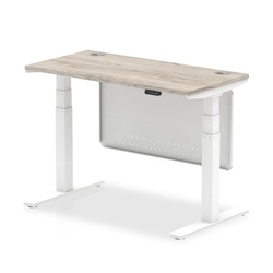 Air 1200 x 600mm Height Adjustable Desk Grey Oak Top Cable Ports White Leg With White Steel Modesty Panel