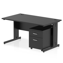 Impulse 1400 x 800mm Straight Office Desk Black Top Black Cable Managed Leg Workstation 2 Drawer Mobile Pedestal