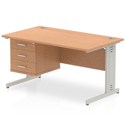 Impulse 1400 x 800mm Straight Desk Oak Top Silver Cable Managed Leg with 1 x 3 Drawer Fixed Pedestal