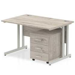 Impulse 1200 x 800mm Straight Desk Grey Oak Top Silver Cantilever Leg with 3 Drawer Mobile Pedestal Bundle