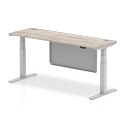 Air 1800 x 600mm Height Adjustable Desk Grey Oak Top Cable Ports Silver Leg With Silver Steel Modesty Panel