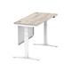Air 1400 x 600mm Height Adjustable Desk Grey Oak Top Cable Ports White Leg With White Steel Modesty Panel