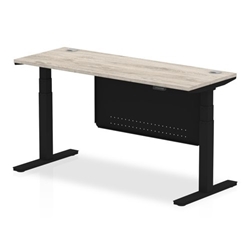 Air 1600 x 600mm Height Adjustable Desk Grey Oak Top Cable Ports Black Leg With Black Steel Modesty Panel